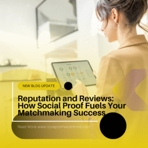 Professional woman reading client reviews on a digital tablet, representing the importance of reputation and social proof for matchmaking success. Blog update from Love Pro Mastermind Academy.